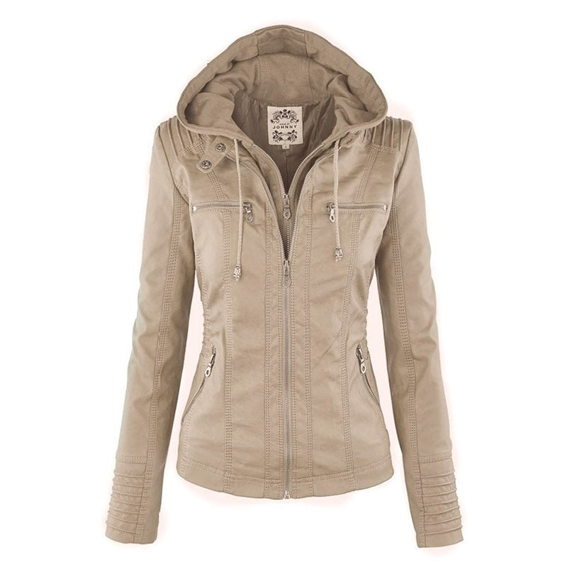 Genuine Leather Women's Jacket with Removable Hood