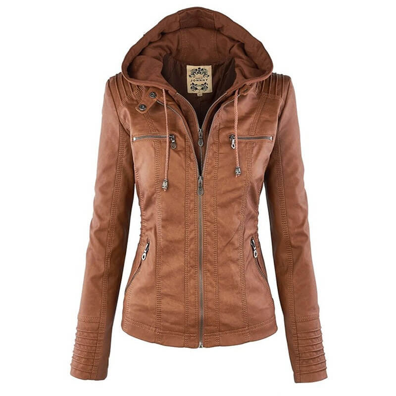 Genuine Leather Women's Jacket with Removable Hood