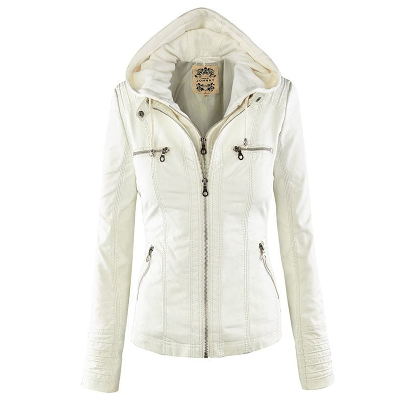Genuine Leather Women's Jacket with Removable Hood