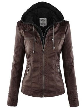 Genuine Leather Women's Jacket with Removable Hood