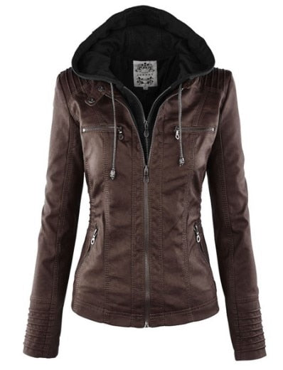 Genuine Leather Women's Jacket with Removable Hood