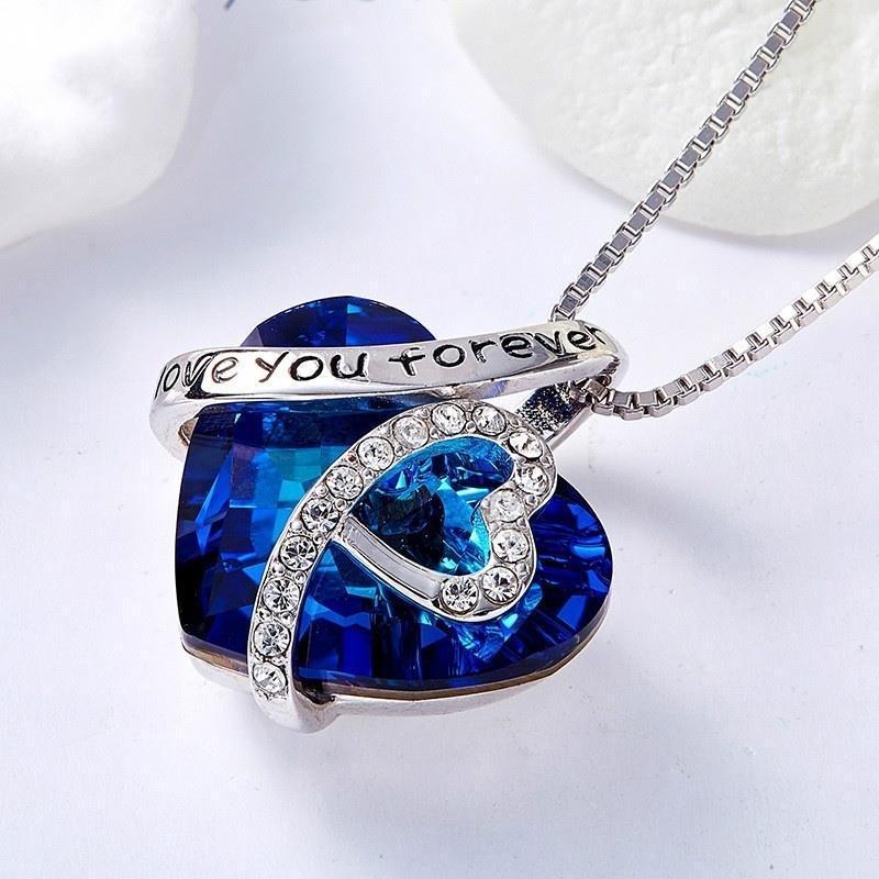 Necklace with Blue Crystal - "I Love You"