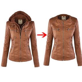 Genuine Leather Women's Jacket with Removable Hood